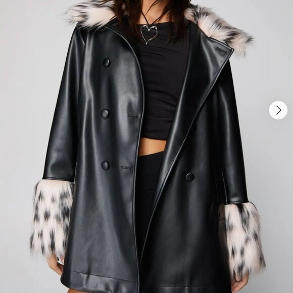 Nasty Gal Fur Trim Faux Leather Swing Coat - Picture 2 of 8
